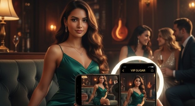 Mulher elegante posando para foto de perfil Sugar num ambiente sofisticado.