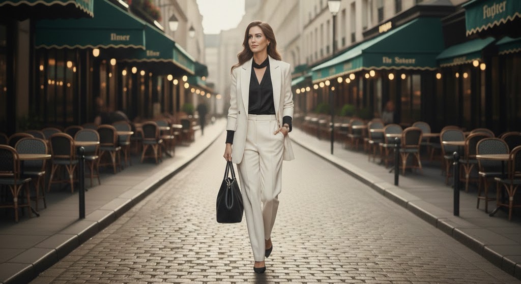 Mulher elegante com estilo Quiet Luxury caminhando em rua sofisticada de Paris, representando o estilo de vida Sugar Baby de alto nível no VIP Sugar.