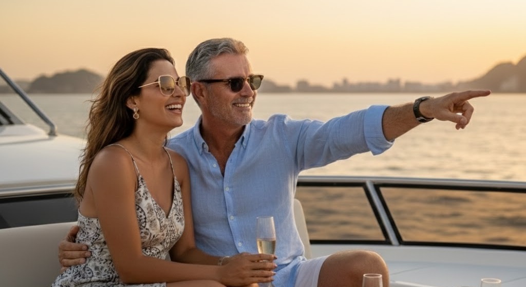 Homem maduro e jovem mulher em traje sofisticado aproveitando passeio de barco no litoral.