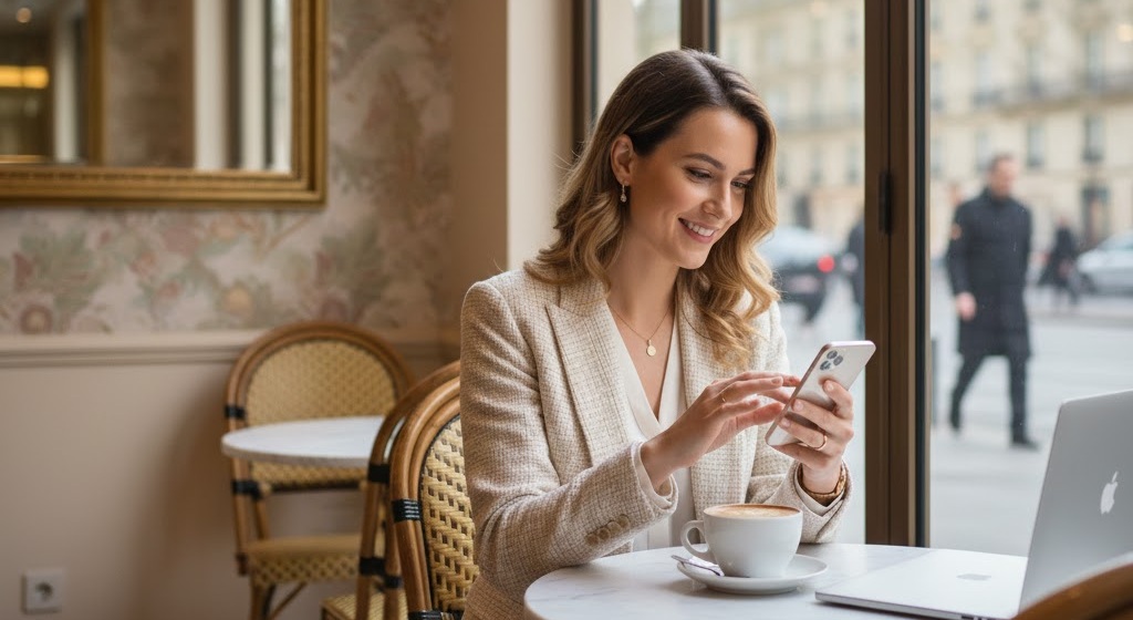 Mulher sofisticada sentada em um ambiente luxuoso, manuseando um smartphone para acessar o portal de perguntas frequentes do VIP Sugar sobre o estilo de vida sugar.