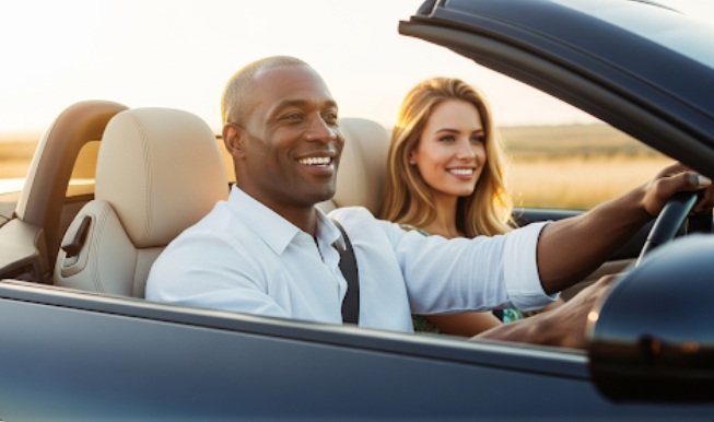 Sugar Baby e Sugar Daddy em passeio de carro conversível.