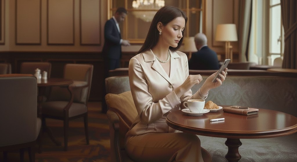 Sugar Baby elegante em um café luxuoso, praticando a etiqueta no WhatsApp ao interagir com um Sugar Daddy em seu smartphone.
