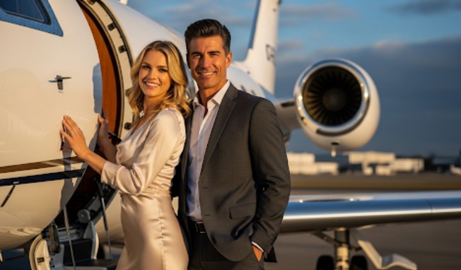 Sugar Daddy e Sugar Baby embarcando em jato particular para viagens de luxo.