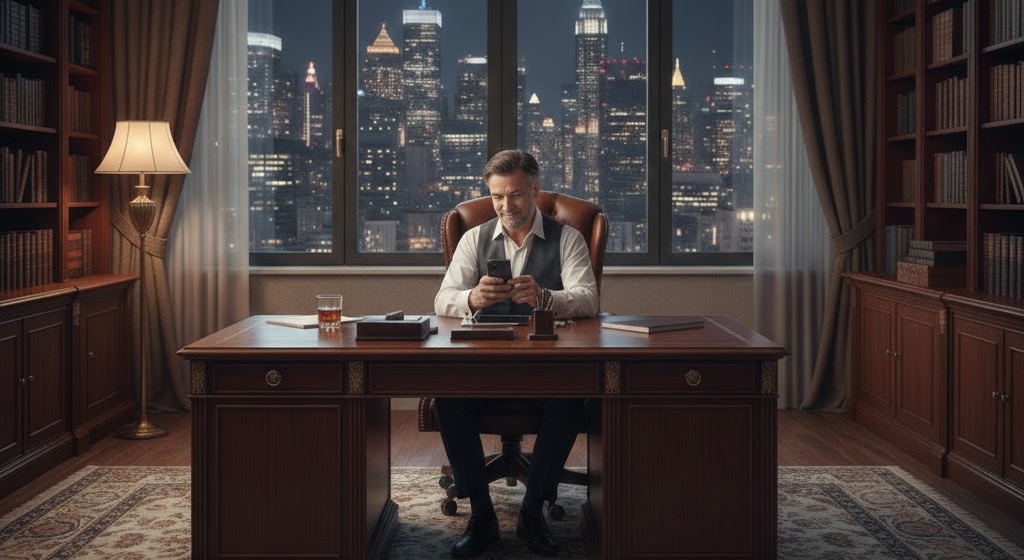 Homem elegante (Sugar Daddy) usando o celular em um ambiente de escritório de luxo para iniciar conversa com uma Sugar Baby.