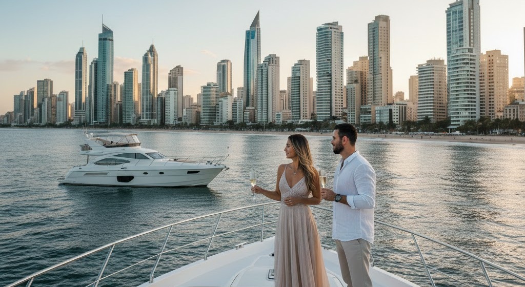 Casal elegante no deck de um iate de luxo em Balneário Camboriú, com o skyline de arranha-céus ao fundo durante o pôr do sol.