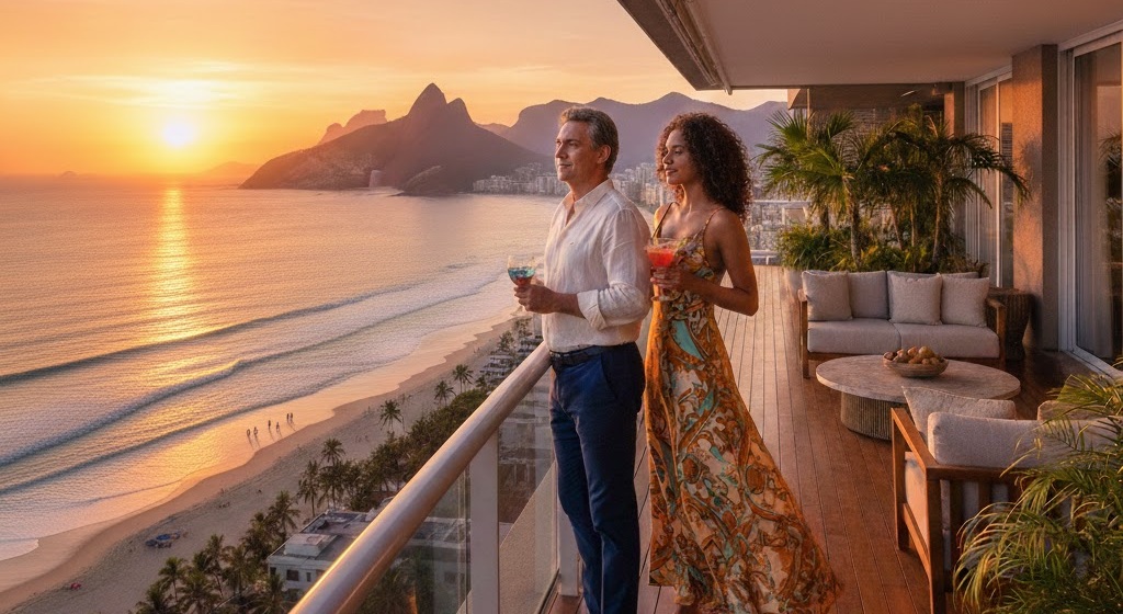 Casal elegante em um deck luxuoso de frente para o mar do Rio de Janeiro, destacando o estilo de vida de um encontro sugar na cidade.