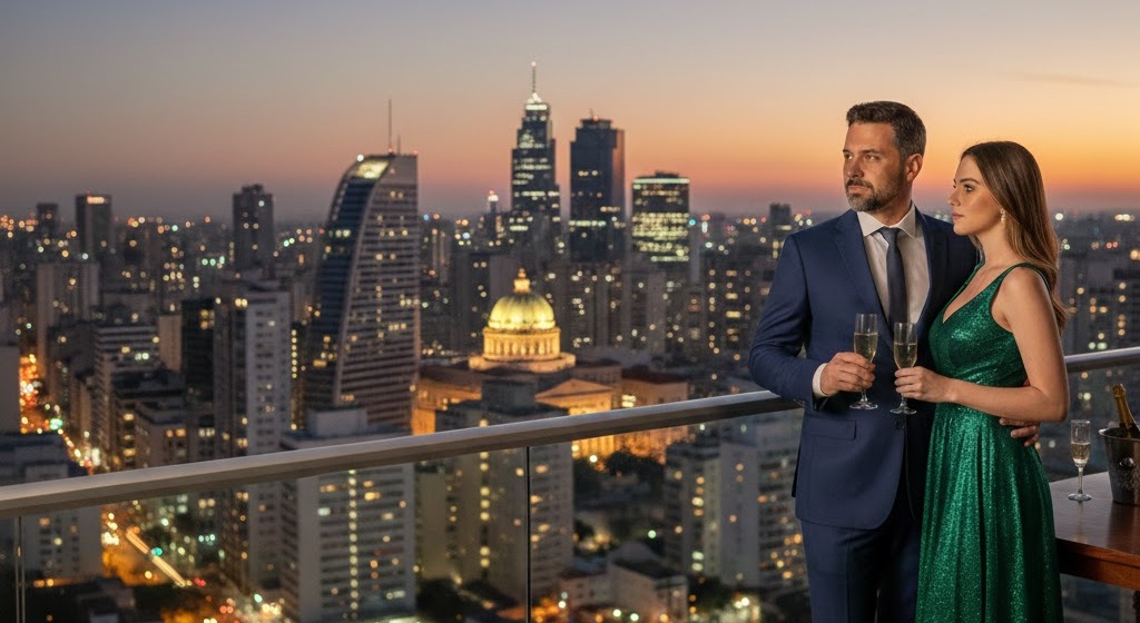 Casal sofisticado em terraço de luxo com vista para o skyline de São Paulo durante um encontro sugar na capital.