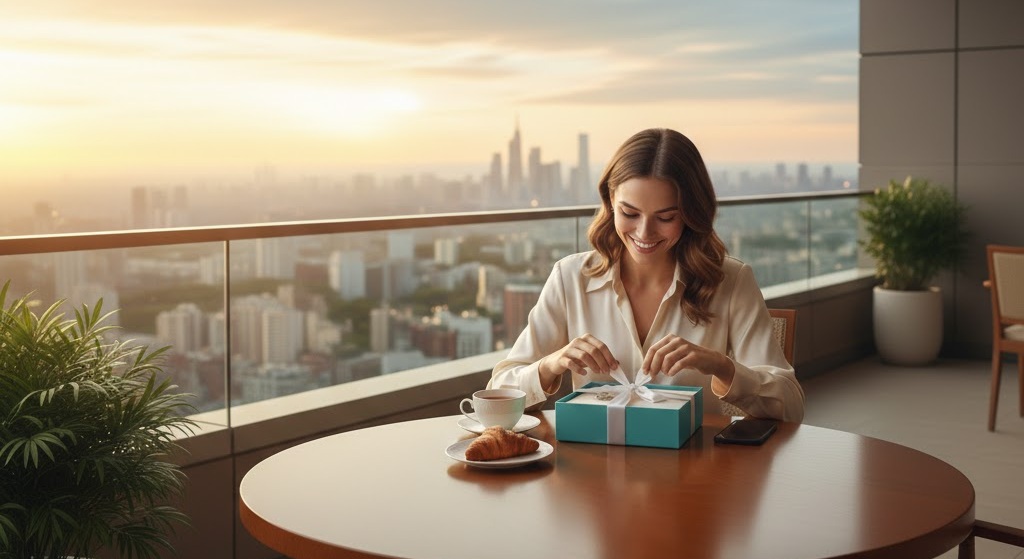 Sugar Baby elegante recebendo presentes e mimos em um terraço de luxo.