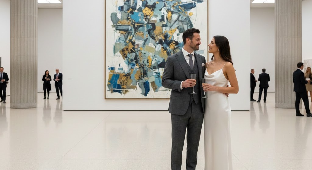 Sugar Daddy e Sugar Baby elegantes em galeria de arte, representando o valor intelectual e social no VIP Sugar.