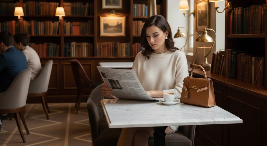 Branding pessoal para Sugar Babies. Uma jovem mulher elegante e sofisticada lendo um livro de arte em um café de luxo.