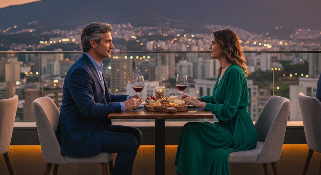 Casal elegante em um encontro Sugar em Belo Horizonte, com a vista das montanhas de Minas Gerais ao fundo durante o pôr do sol.