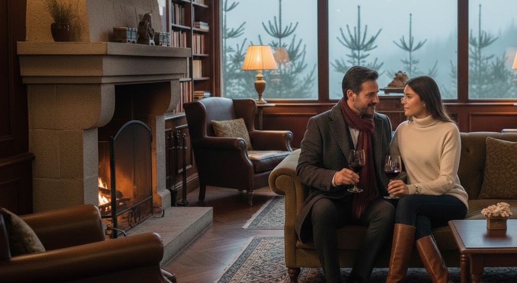 Casal elegante em um encontro sugar em Curitiba, usando trajes de inverno refinados enquanto apreciam um vinho.