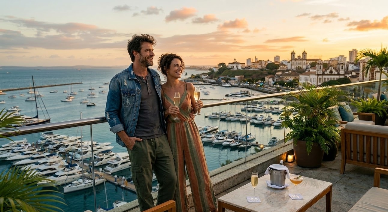 Encontro Sugar em Salvador, com casal sofisticado em um terraço de luxo, com vista para os iates da Marina e a Baía de Todos-os-Santos ao entardecer.