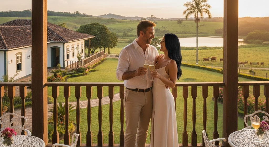 Casal sofisticado em um encontro sugar em Goiânia, aproveitando a exclusividade e o luxo de uma propriedade no campo.