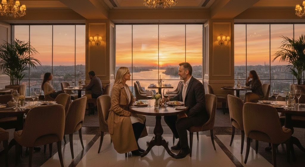 Casal sofisticado em um encontro sugar Porto Alegre, com o Rio Guaíba visível ao fundo através de janelas elegantes.