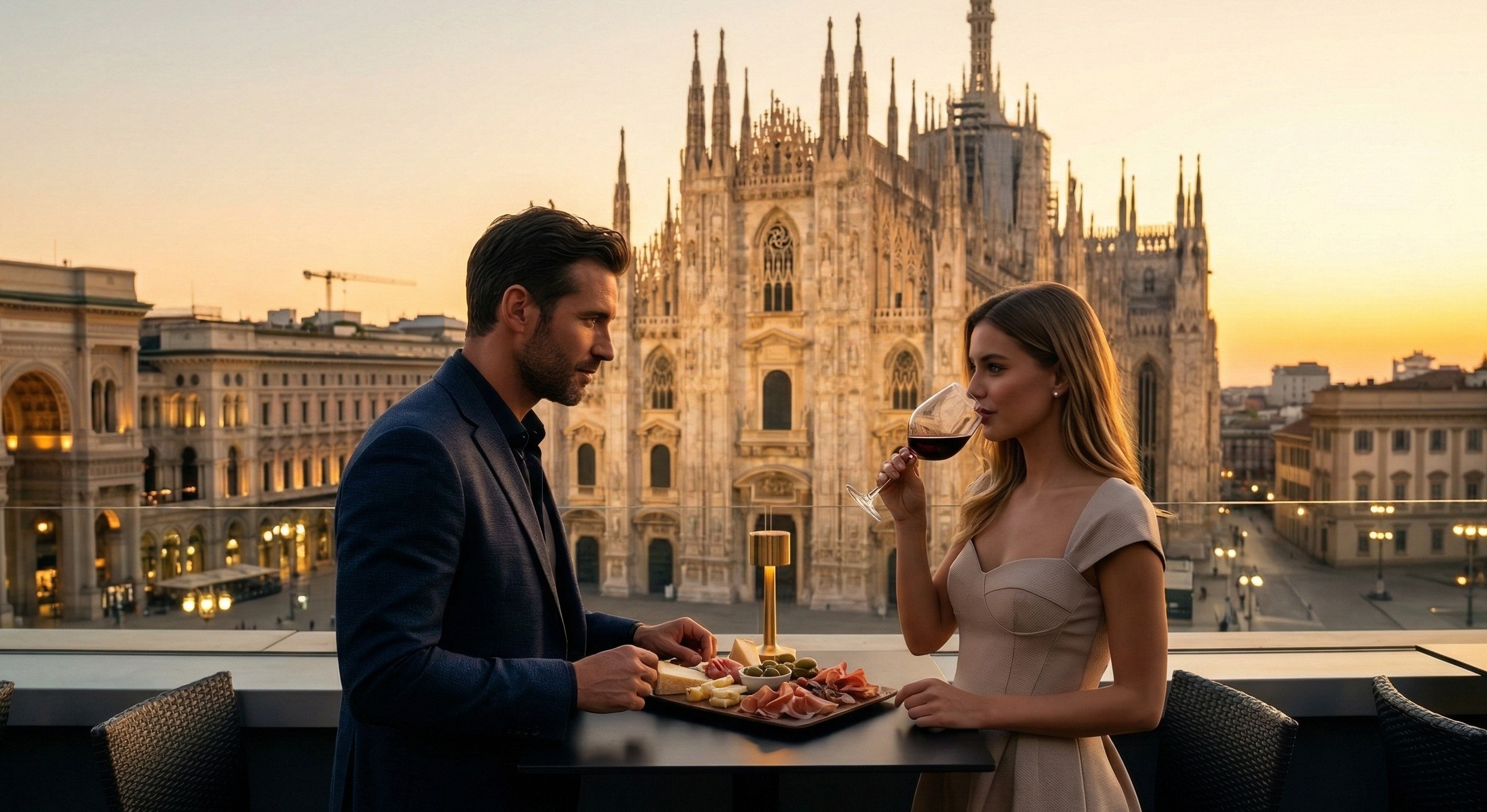 Casal elegante em um encontro Sugar em Milão, em um terraço sofisticado com vista para o Duomo durante o pôr do sol.