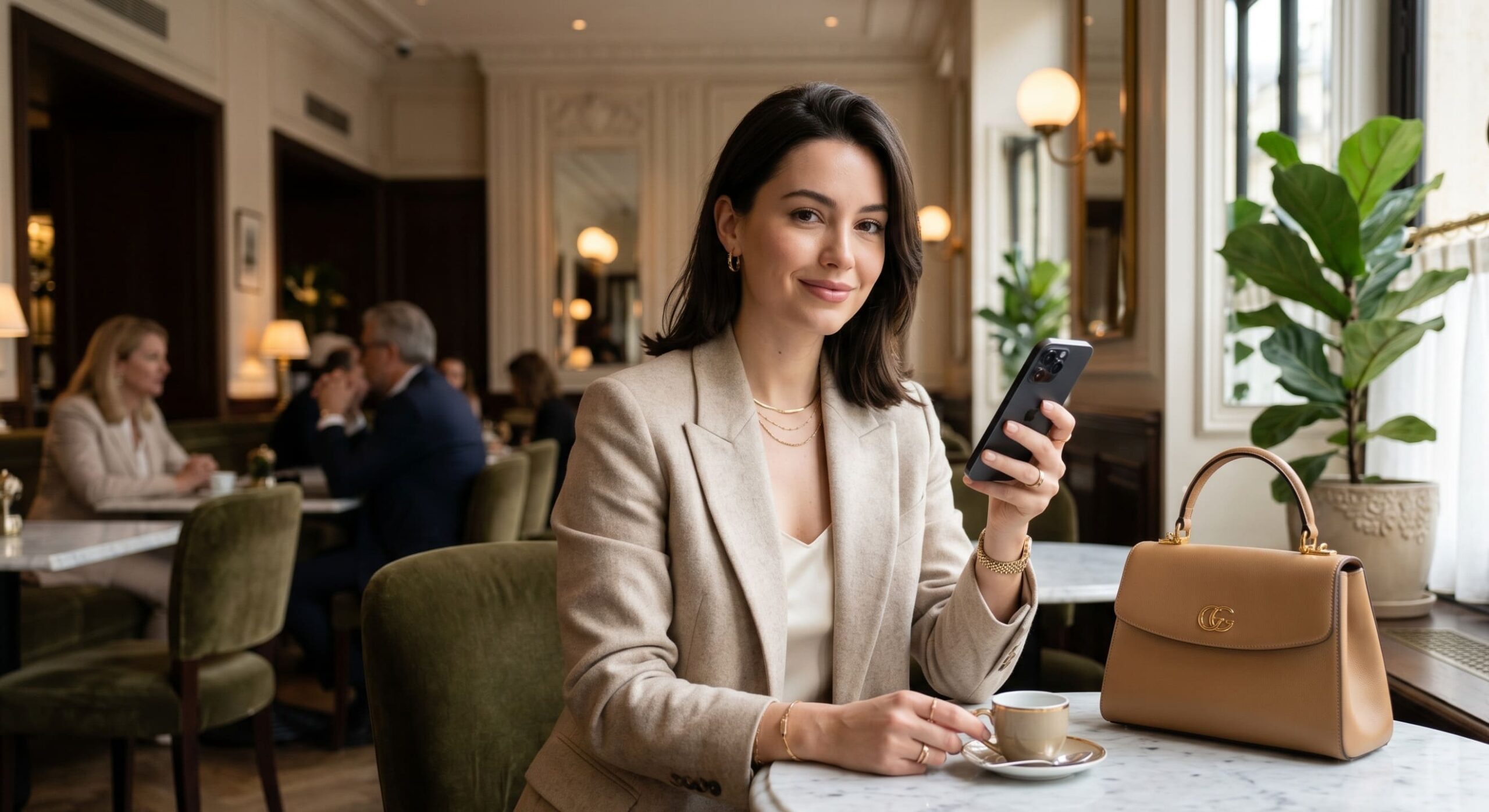 Mulher elegante sentada num café de luxo, usando um smartphone de forma discreta e sofisticada, representando a etiqueta digital sugar.
