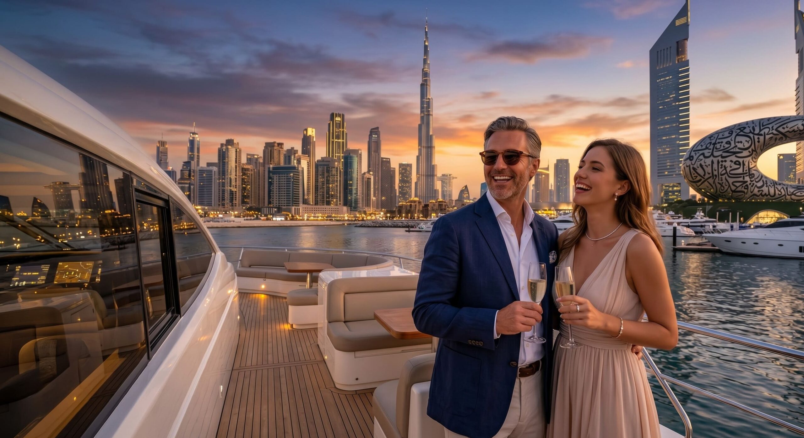 Um casal sorridente em pé em um iate de luxo no porto de Dubai ao pôr do sol, com a icônica linha do horizonte da cidade, incluindo o Burj Khalifa e o Museu do Futuro, em segundo plano.