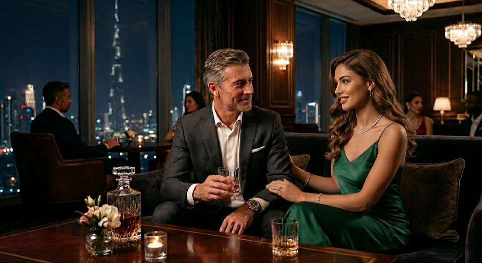Close de um casal elegante conversando de forma cúmplice e serena em um ambiente luxuoso e reservado.